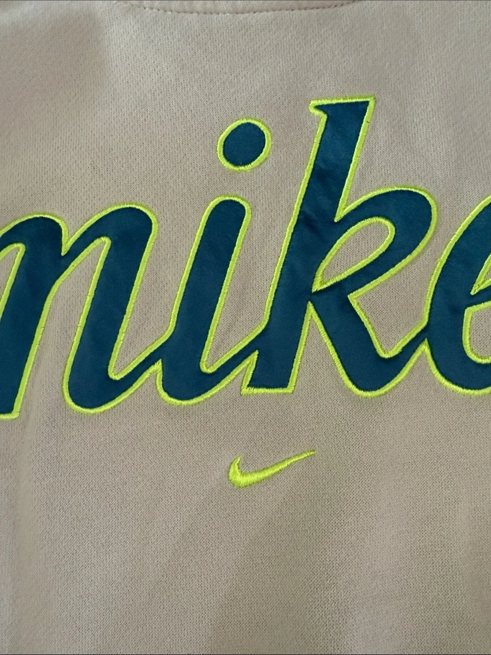 Nike Women's Cream Crew Sweatshirt with Blue and Neon Green Logo